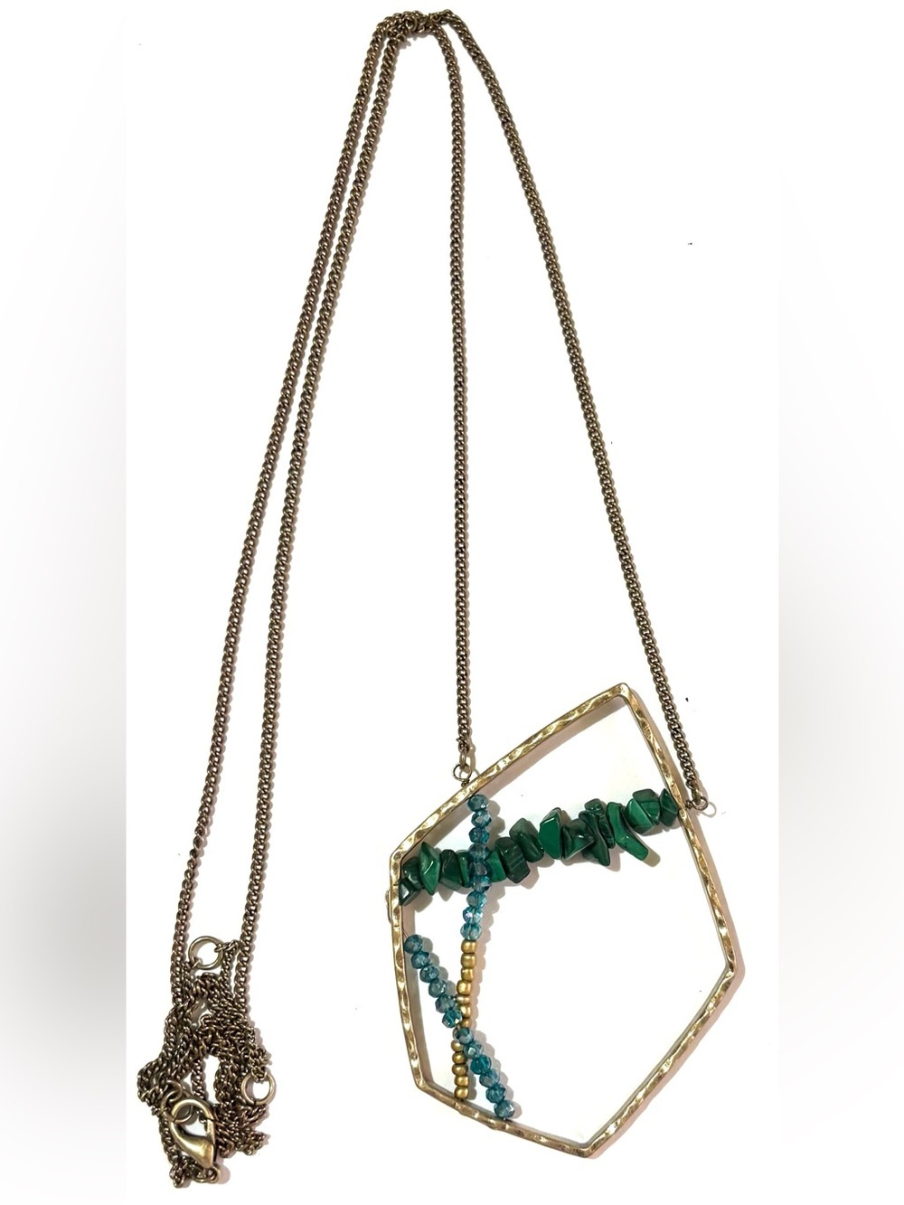 Gold-Tone Geometric Pendant Necklace with Green Bead Accents